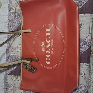 Coach Red and Tan Leather Tote with Metallic Hardware